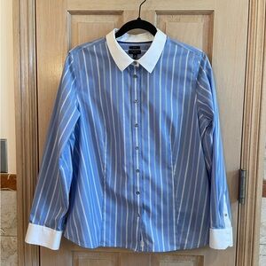 Talbots Blue and White Stripe Dress Shirt with White Collar and Cuffs -14P